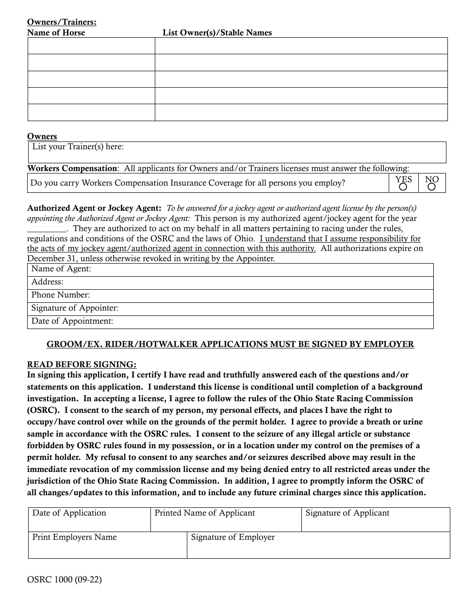 Form OSRC1000 Ohio State Racing Commission Thoroughbred License Application - Mahoning Valley Racecourse - Ohio, Page 2