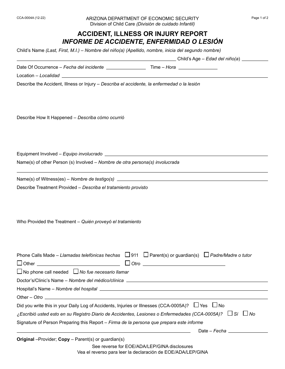 Form CCA-0004A Accident, Illness or Injury Report - Arizona (English / Spanish), Page 1
