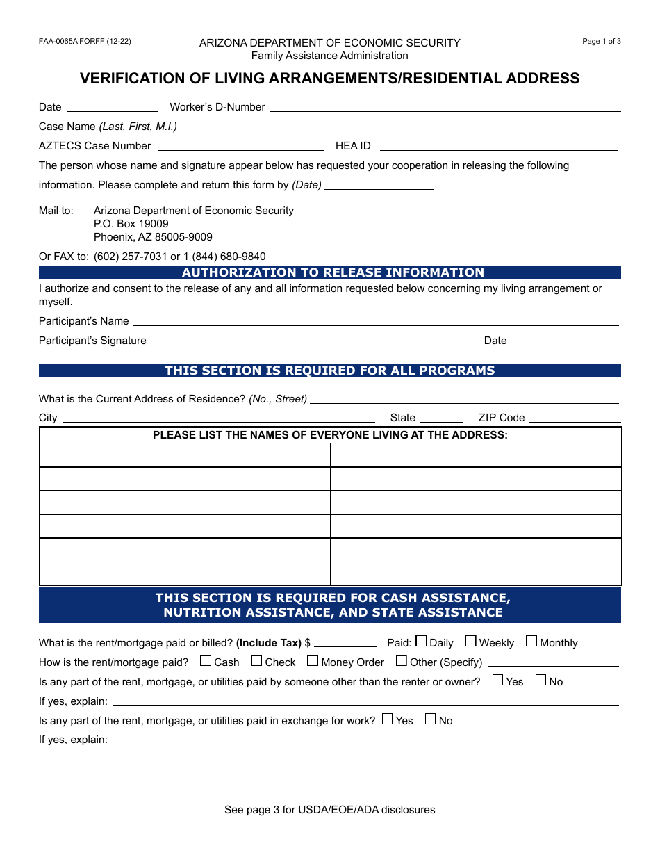 Form FAA-0065A Verification of Living Arrangements / Residential Address - Arizona, Page 1
