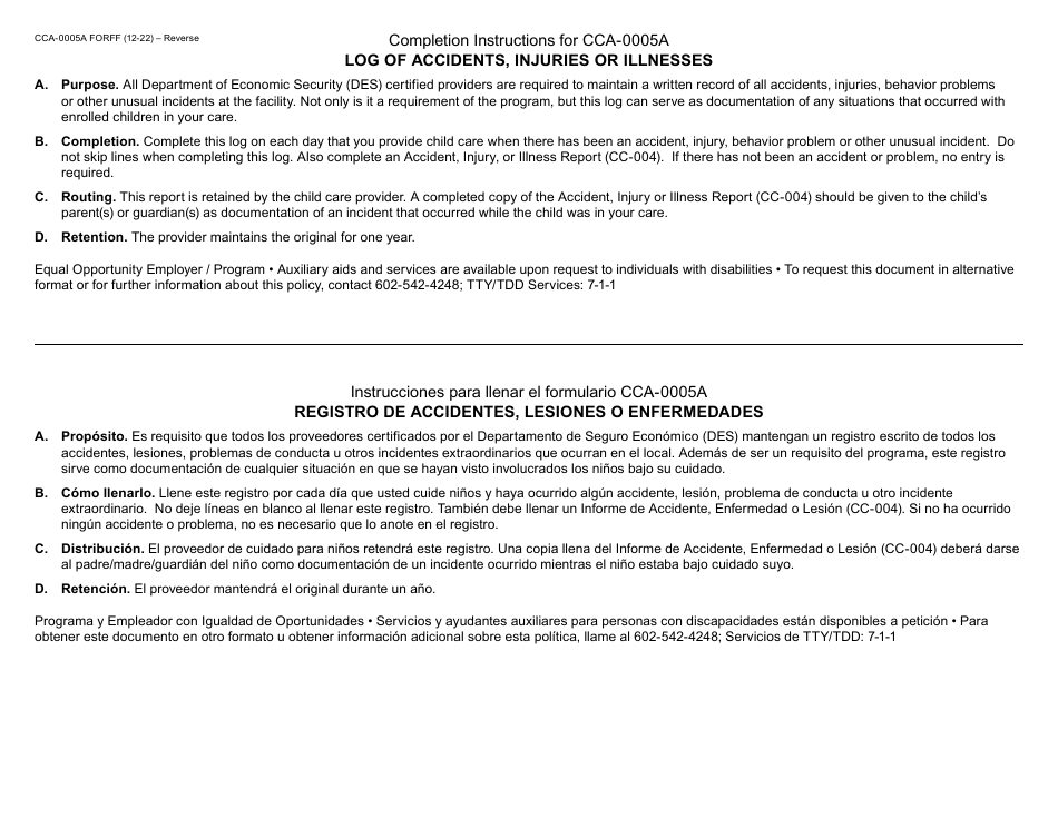 Form CCA-0005A Log of Accidents, Injuries or Illnesses - Arizona (English / Spanish), Page 2