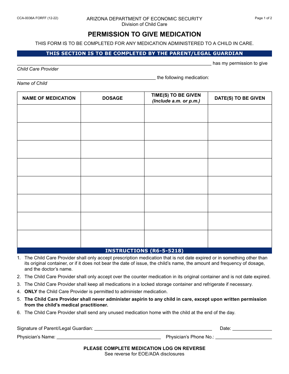 Form CCA-0036A Permission to Give Medication - Arizona, Page 1