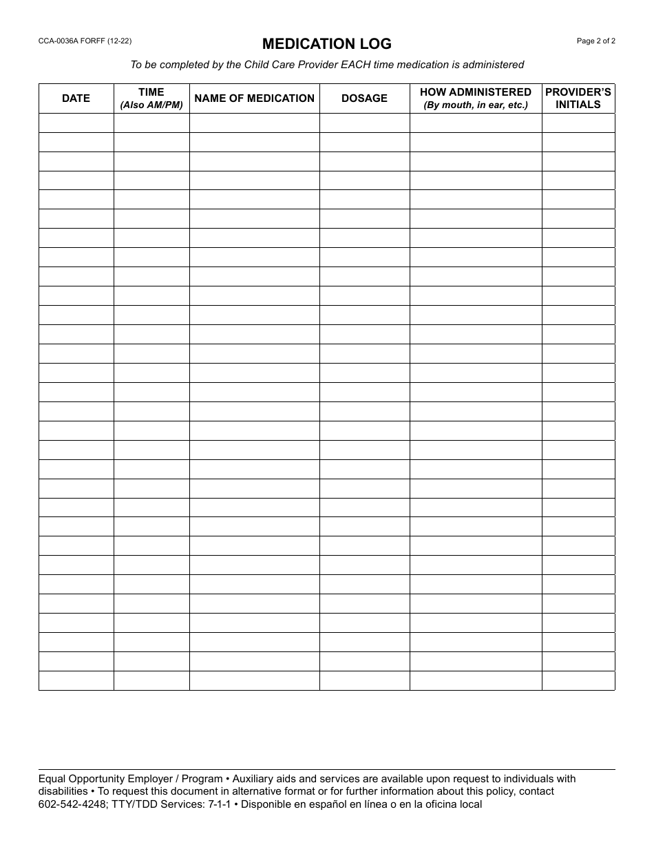 Form CCA-0036A Permission to Give Medication - Arizona, Page 2