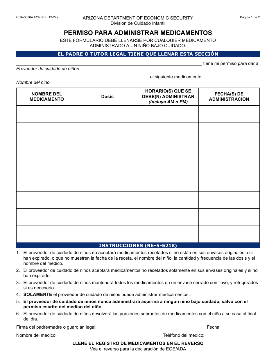 Formulario CCA-0036A-S Permiso Para Administrar Medicamentos - Arizona (Spanish), Page 1