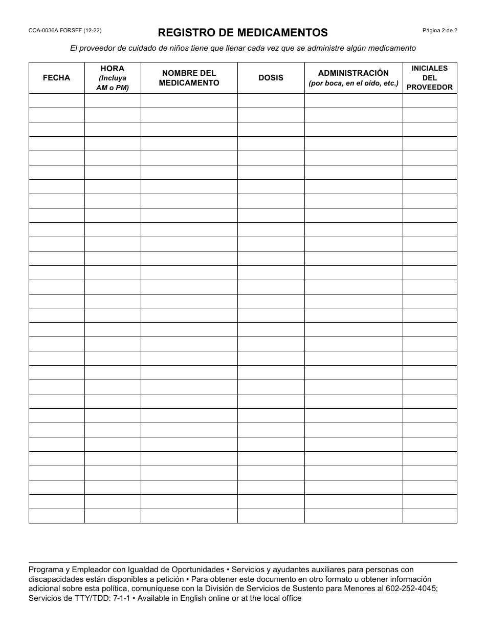 Formulario CCA-0036A-S Permiso Para Administrar Medicamentos - Arizona (Spanish), Page 2