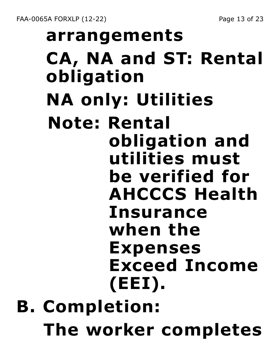Form FAA-0065A-XLP Verification of Living Arrangements / Residential Address (Extra Large Print) - Arizona, Page 13