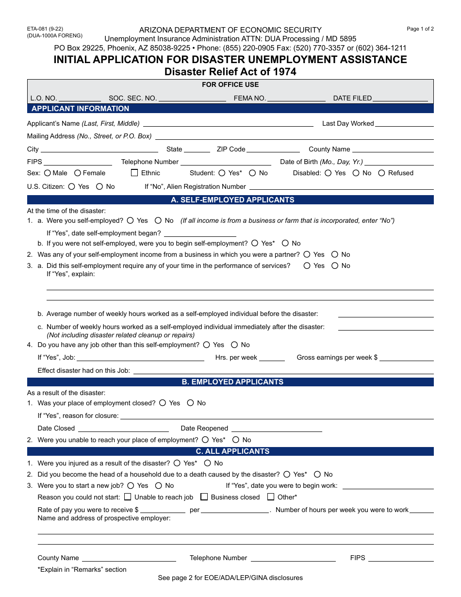 Form ETA-081 Initial Application for Disaster Unemployment Assistance - Arizona, Page 1