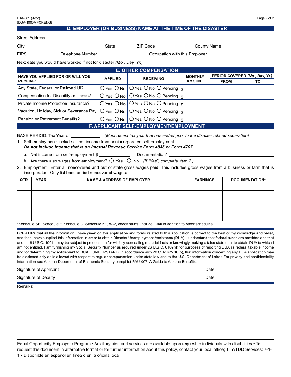 Form Eta 081 Download Fillable Pdf Or Fill Online Initial Application For Disaster Unemployment 6792