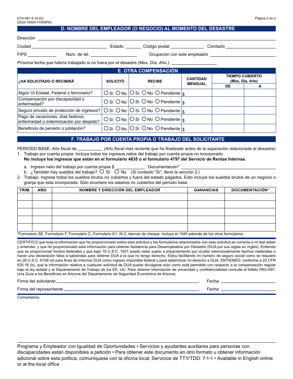 Formulario ETA-081-S Solicitud Inicial De Asistencia Para Desempleados Por Desastre - Arizona (Spanish), Page 2