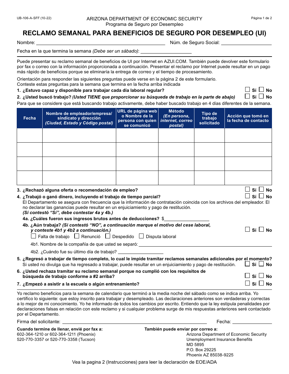 Formulario UB-106-A-S Reclamo Semanal Para Beneficios De Seguro Por Desempleo (Ui) - Arizona (Spanish), Page 1