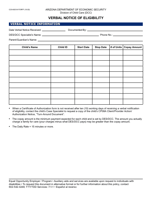 Form CCA-0031A Verbal Notice of Eligibility - Arizona (English/Spanish)