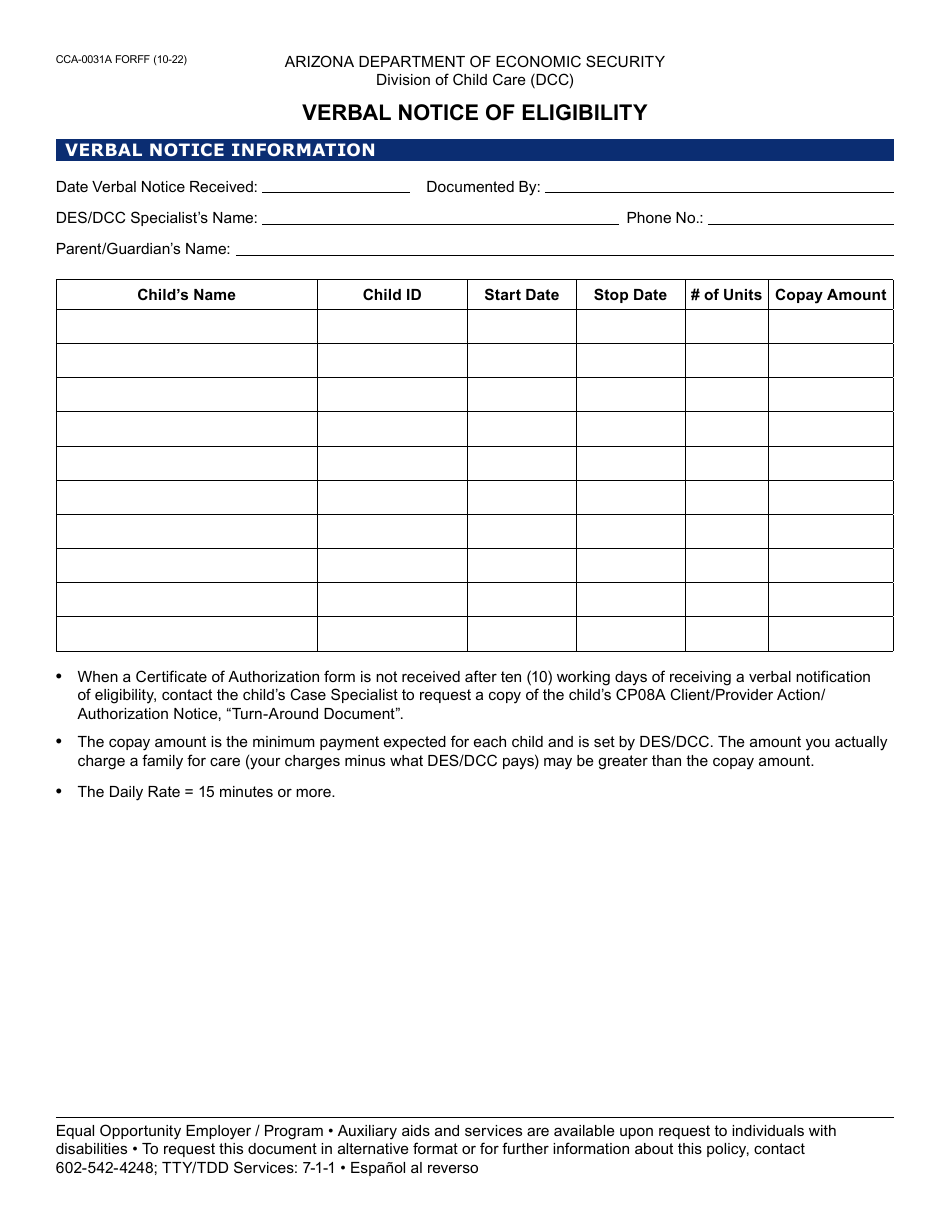 Form CCA-0031A Verbal Notice of Eligibility - Arizona (English / Spanish), Page 1