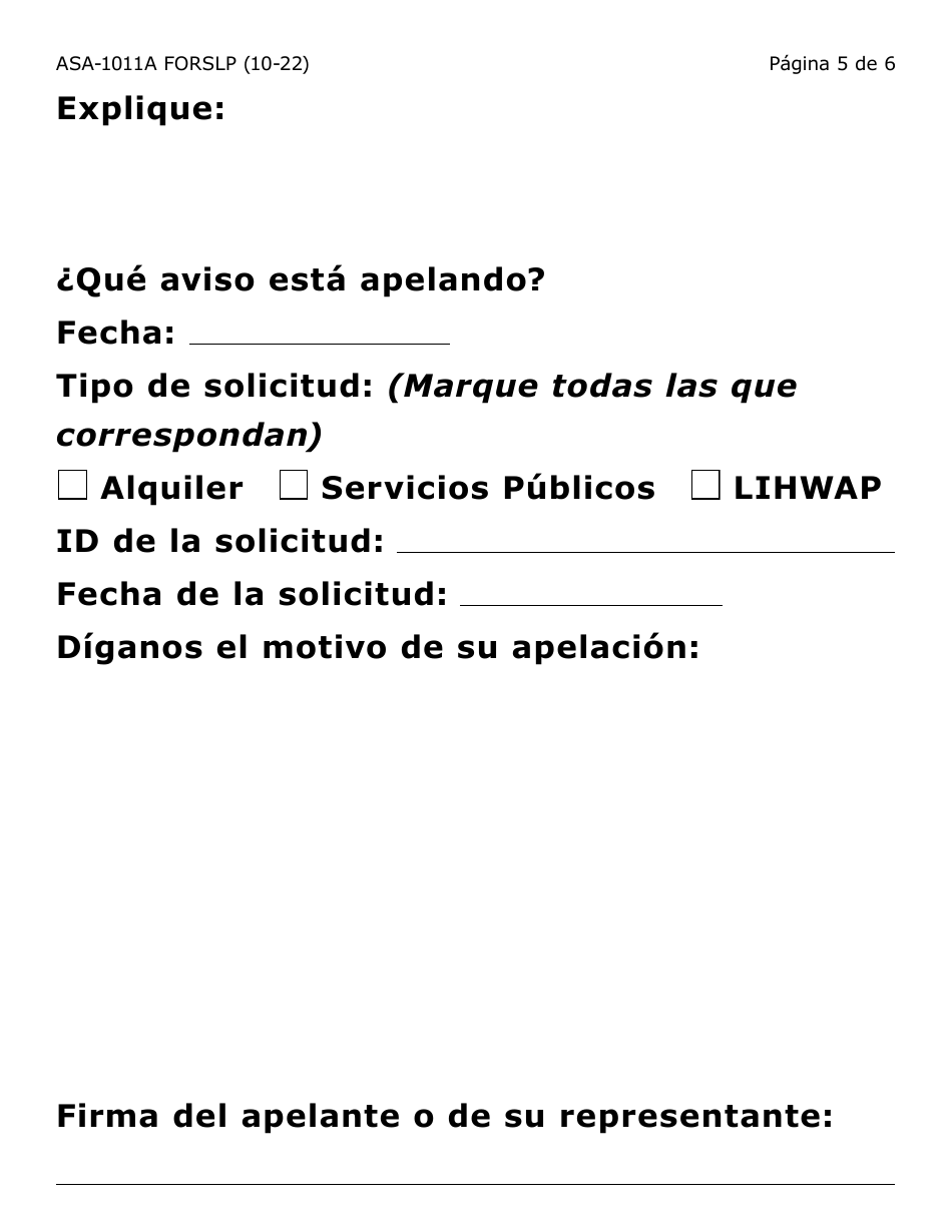 Formulario ASA-1011A-SLP Solicitud De Apelacion - Erap, Lihwap  Liheap (Letra Grande) - Arizona (Spanish), Page 5