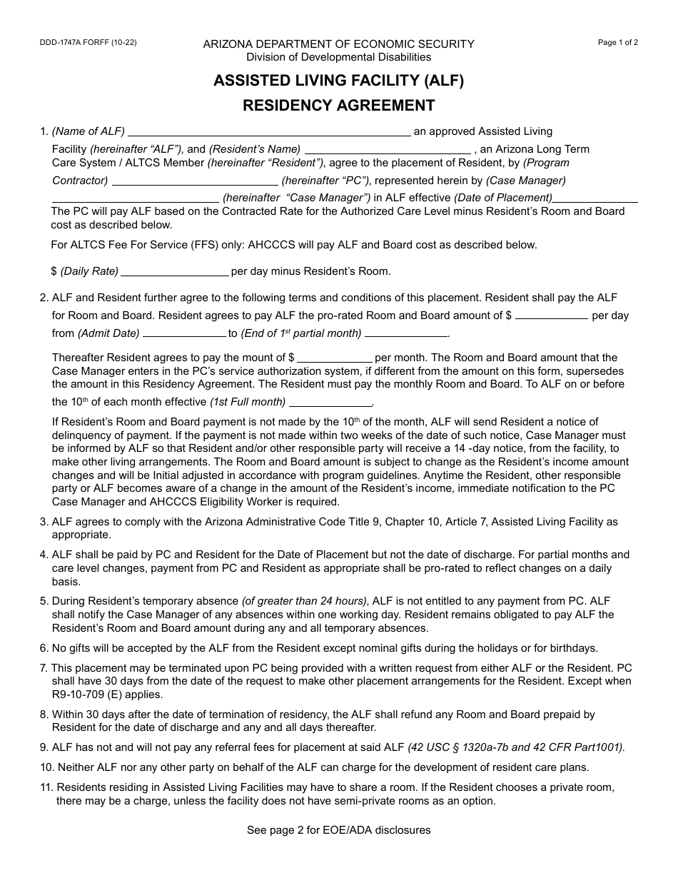 Form DDD-1747A Assisted Living Facility (Alf) Residency Agreement - Arizona, Page 1
