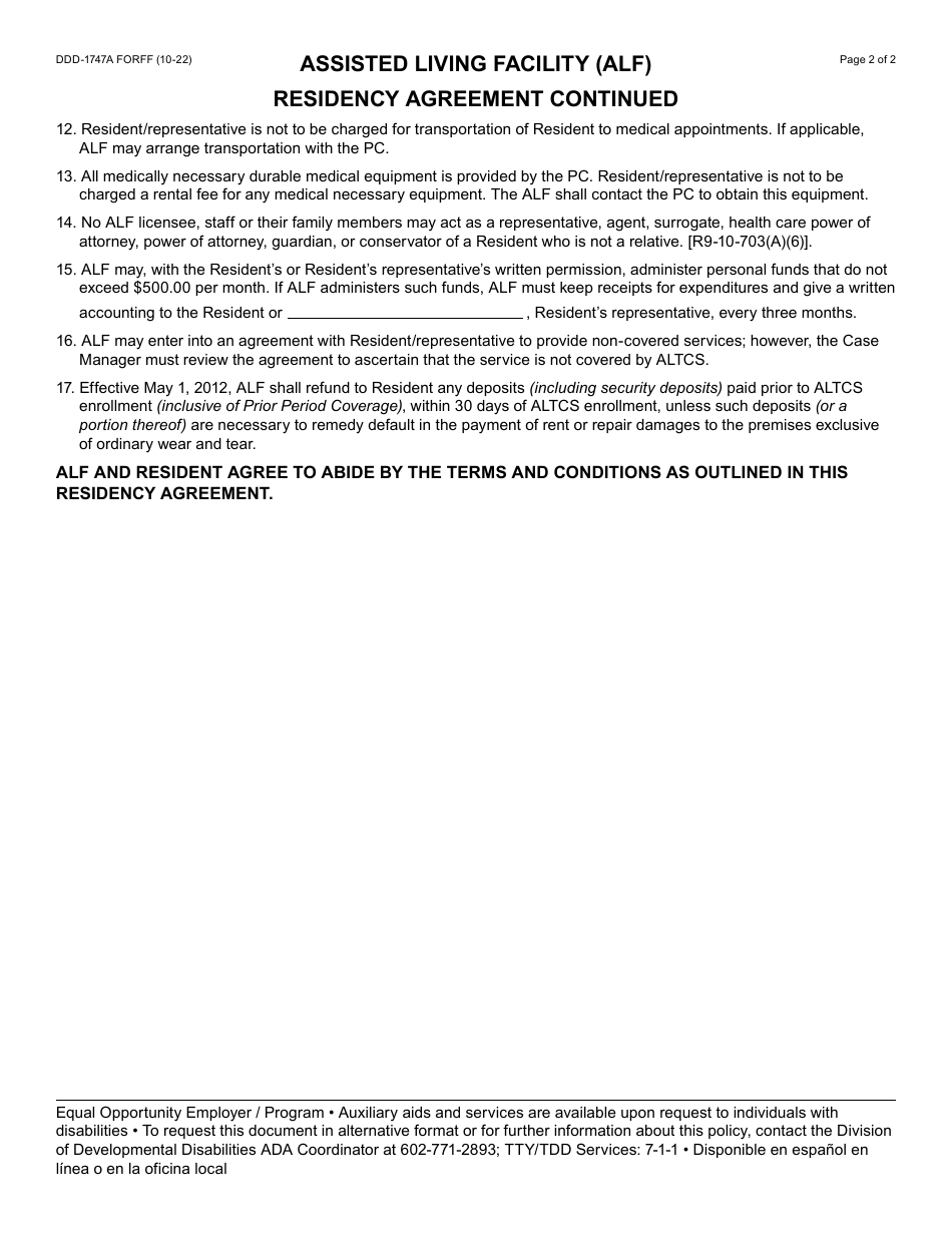 Form DDD-1747A Assisted Living Facility (Alf) Residency Agreement - Arizona, Page 2