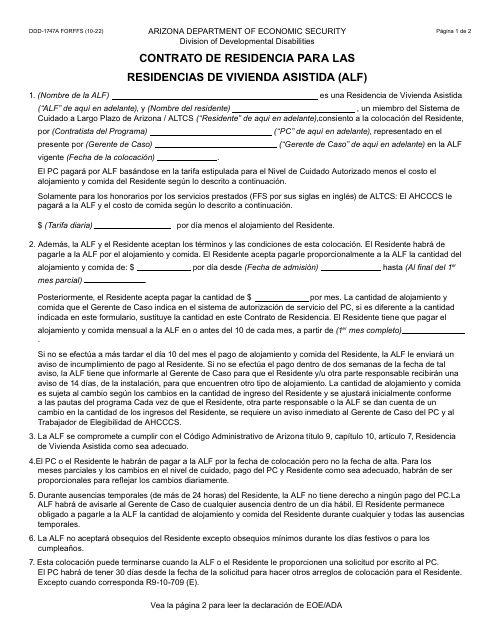 Formulario DDD-1747A-S Contrato De Residencia Para Las Residencias De Vivienda Asistida (Alf) - Arizona (Spanish)