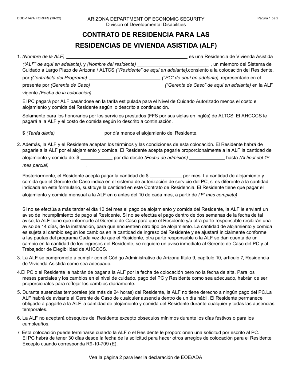 Formulario DDD-1747A-S Contrato De Residencia Para Las Residencias De Vivienda Asistida (Alf) - Arizona (Spanish), Page 1