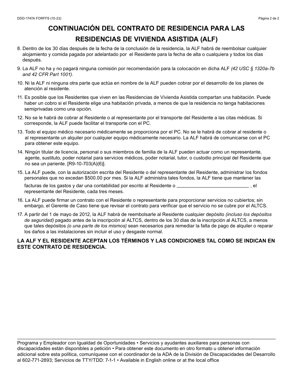 Formulario DDD-1747A-S Contrato De Residencia Para Las Residencias De Vivienda Asistida (Alf) - Arizona (Spanish), Page 2