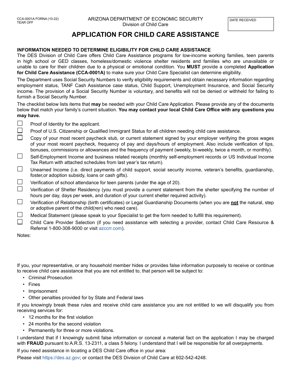 Form CCA-0001A Application for Child Care Assistance - Arizona, Page 1
