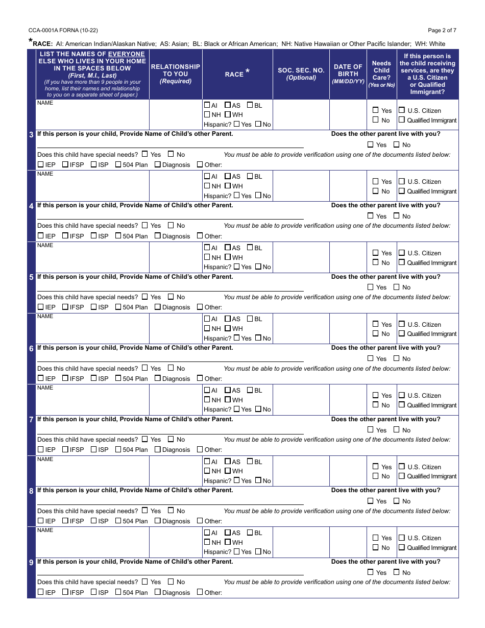 Form CCA-0001A Application for Child Care Assistance - Arizona, Page 3