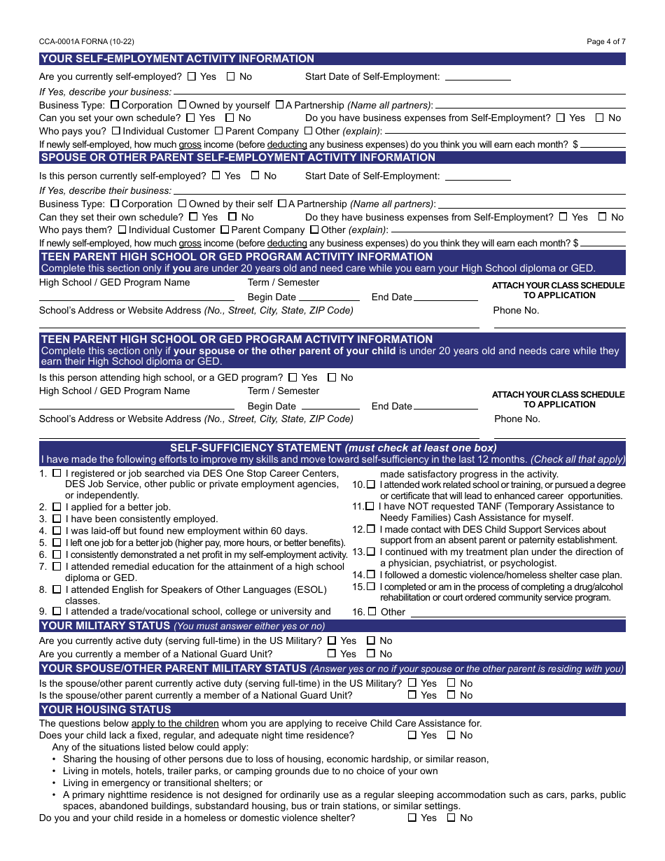 Form CCA-0001A Application for Child Care Assistance - Arizona, Page 5