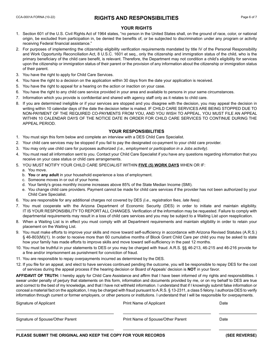 Form CCA-0001A Application for Child Care Assistance - Arizona, Page 7