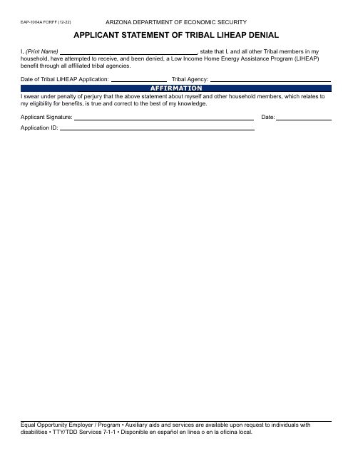 Form EAP-1004A Applicant Statement of Tribal Liheap Denial - Arizona