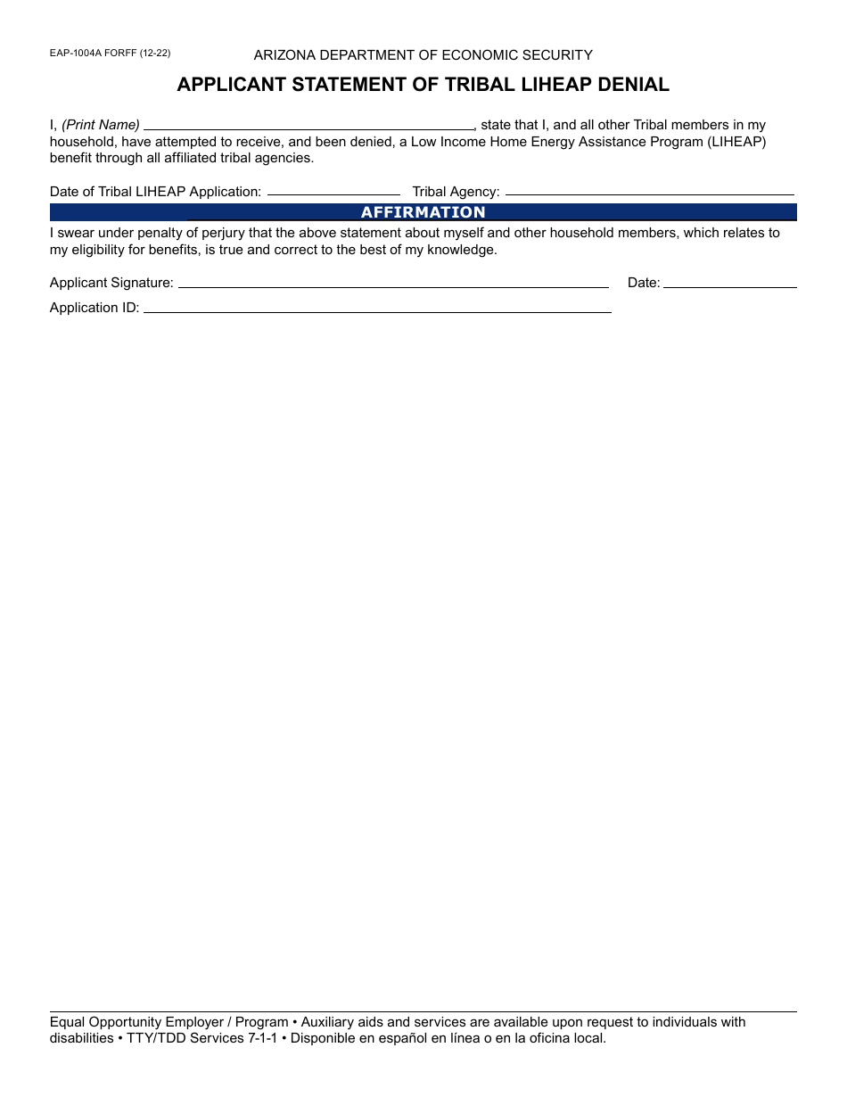 Form EAP-1004A Applicant Statement of Tribal Liheap Denial - Arizona, Page 1