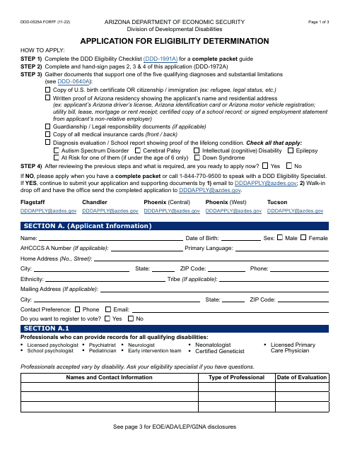 Form DDD-0525A Application for Eligibility Determination - Arizona