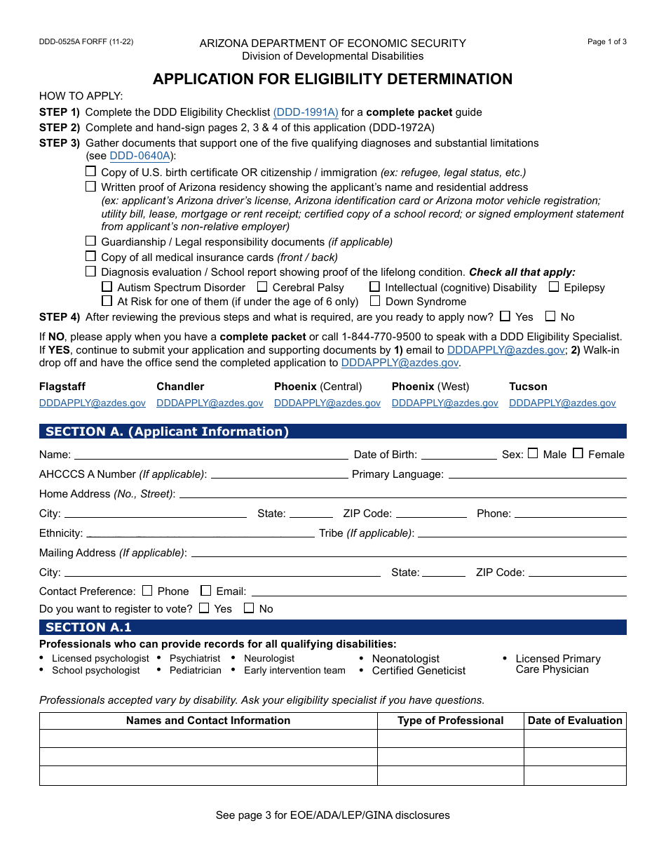 Form DDD-0525A Application for Eligibility Determination - Arizona, Page 1