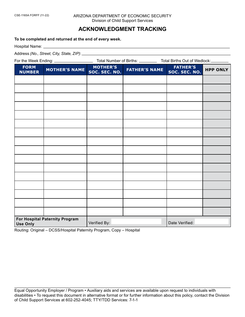 Form CSE-1165A Acknowledgment Tracking - Arizona, Page 1