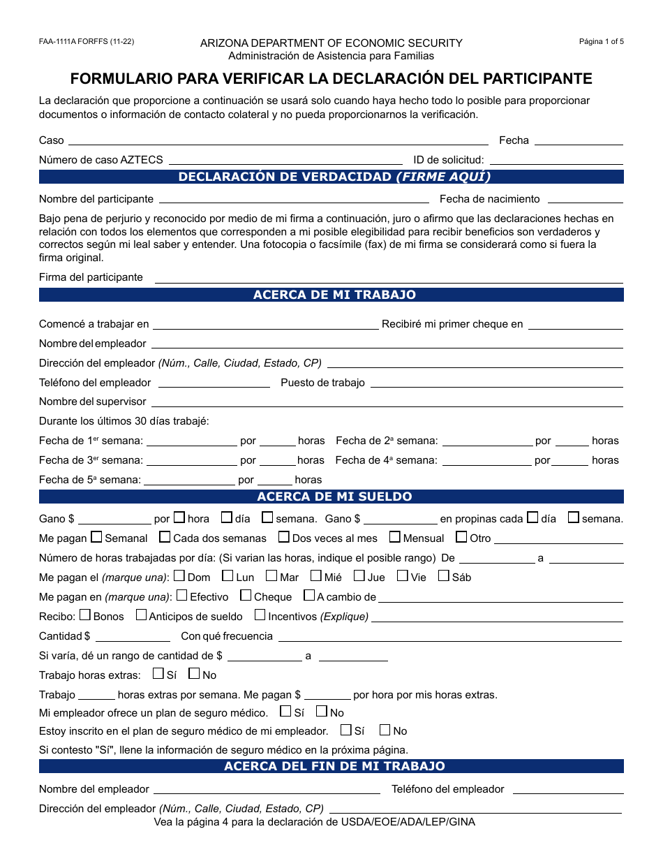 Formulario FAA-1111A-S Formulario Para Verificar La Declaracion Del Participante - Arizona (Spanish), Page 1