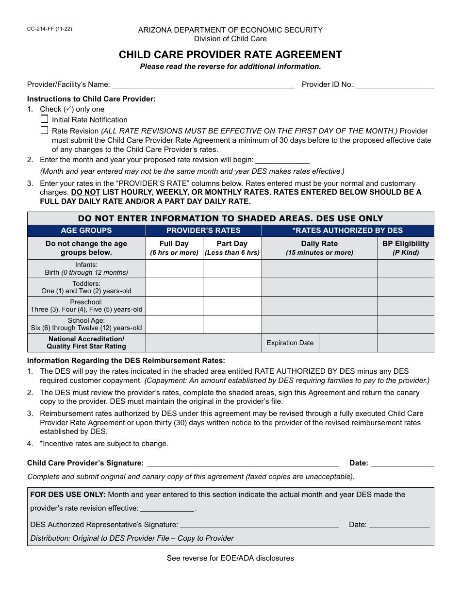 Form CC-214 Child Care Provider Rate Agreement - Arizona, Page 1