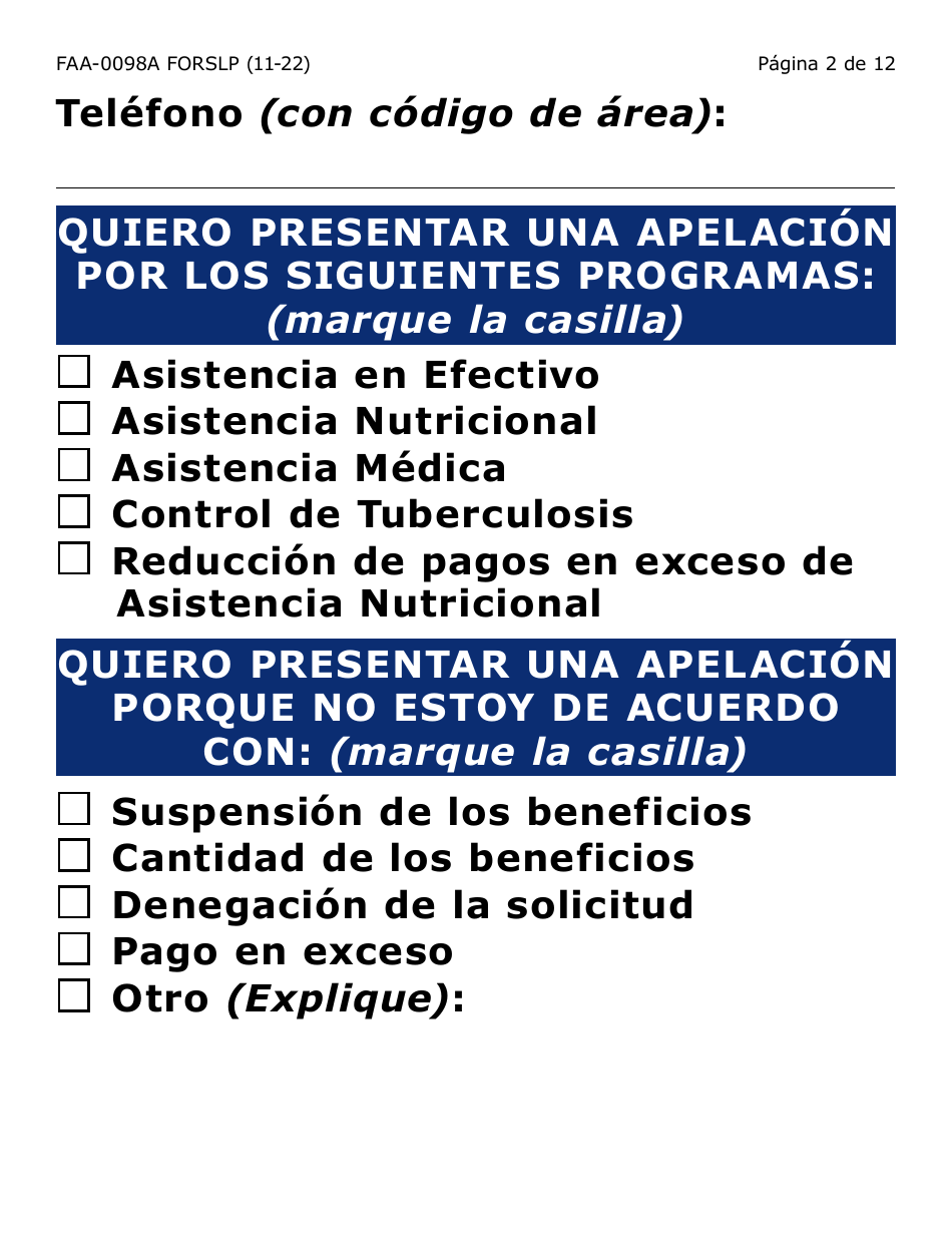 Formulario FAA-0098A-SLP Solicitud De Apelacion (Letra Grande) - Arizona (Spanish), Page 2