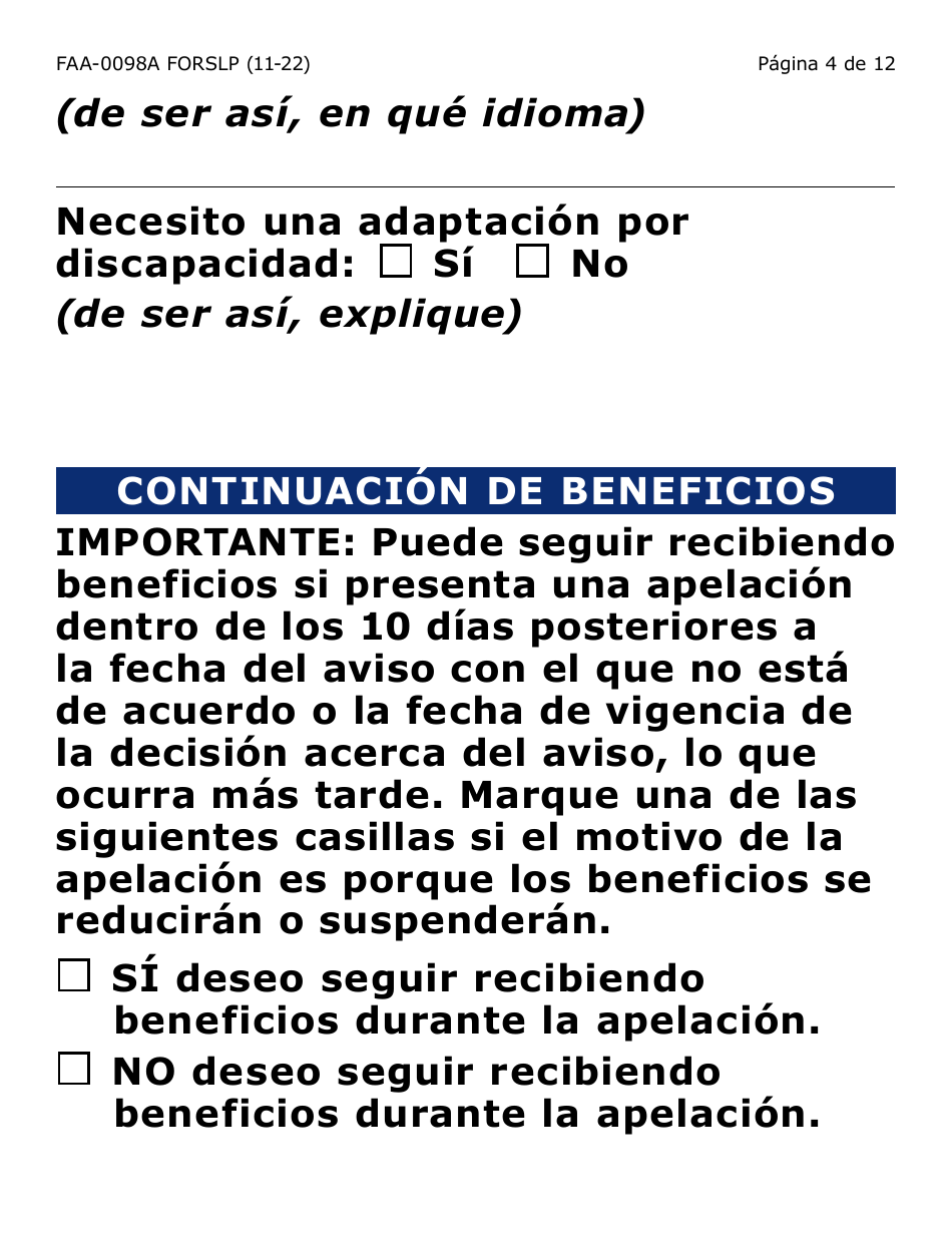 Formulario FAA-0098A-SLP Solicitud De Apelacion (Letra Grande) - Arizona (Spanish), Page 4