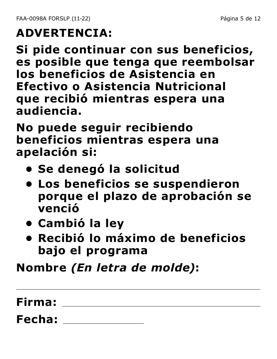 Formulario FAA-0098A-SLP Solicitud De Apelacion (Letra Grande) - Arizona (Spanish), Page 5