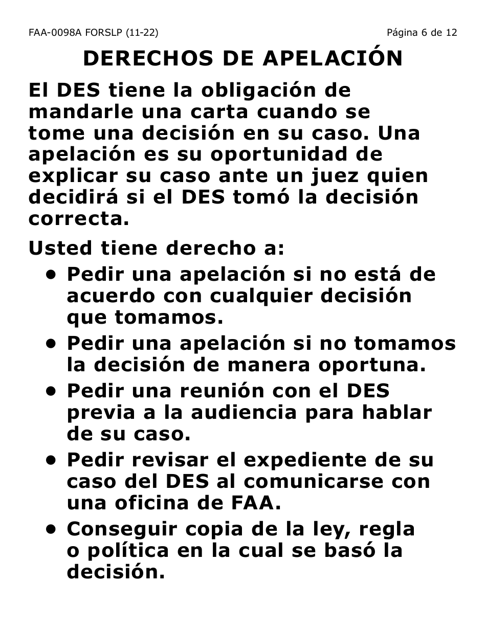 Formulario FAA-0098A-SLP Solicitud De Apelacion (Letra Grande) - Arizona (Spanish), Page 6