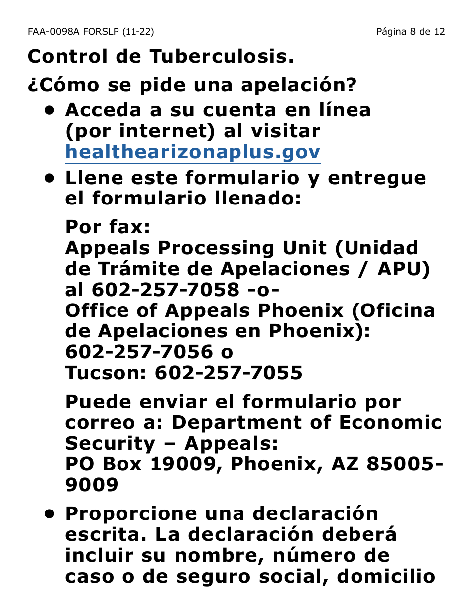 Formulario FAA-0098A-SLP Solicitud De Apelacion (Letra Grande) - Arizona (Spanish), Page 8