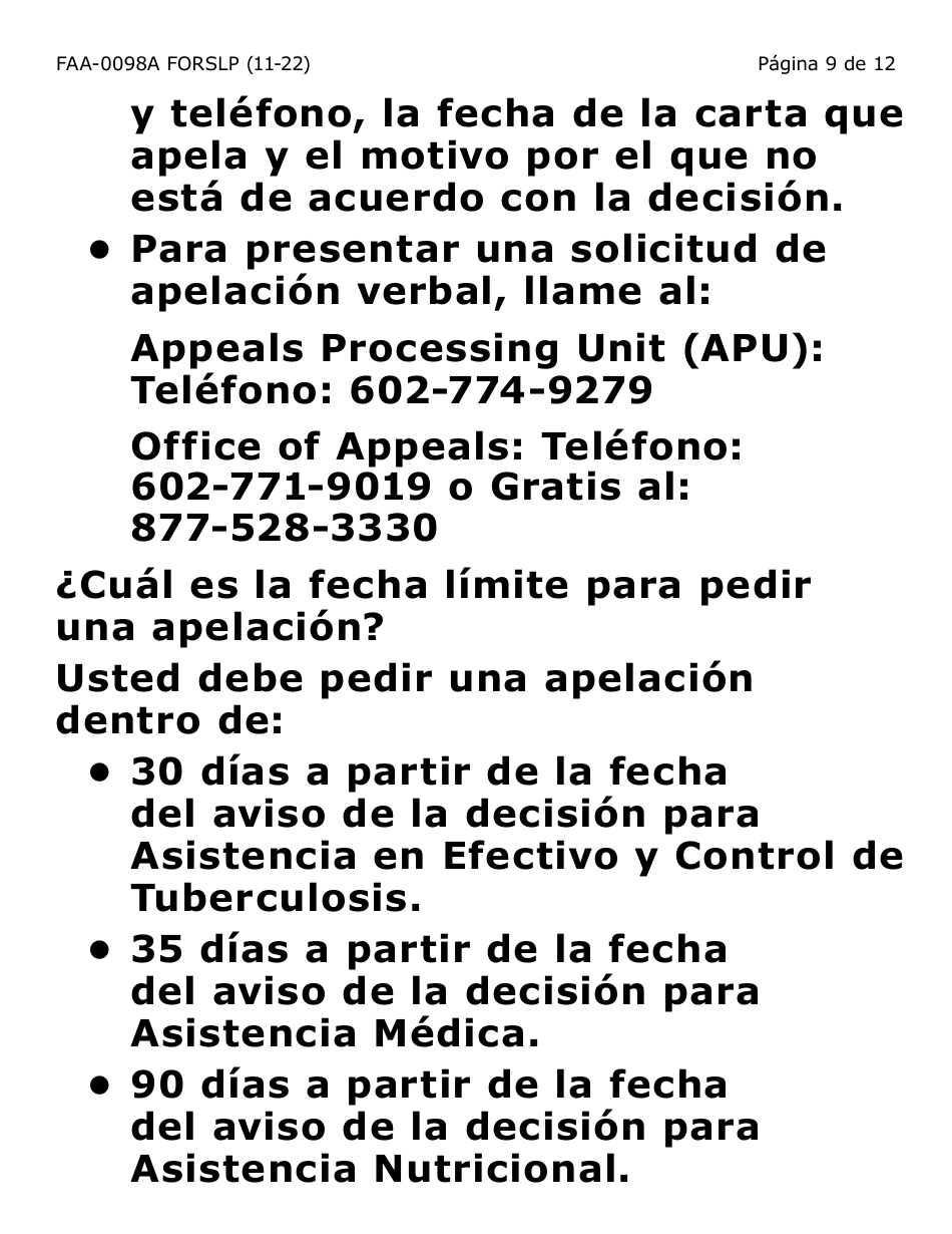 Formulario FAA-0098A-SLP Solicitud De Apelacion (Letra Grande) - Arizona (Spanish), Page 9