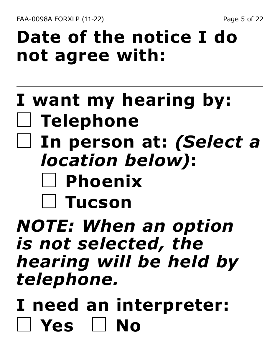 Form FAA-0098A-XLP Hearing Request (Extra Large Print) - Arizona, Page 5