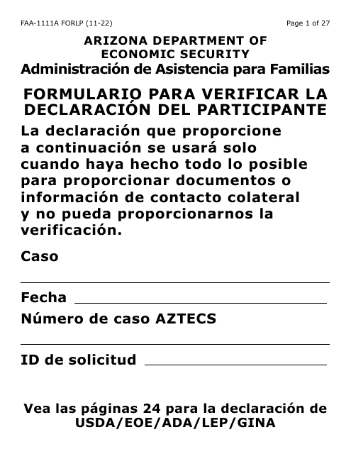 Document preview: Formulario FAA-1111A-SLP Formulario Para Verificar La Declaracion Del Participante (Letra Grande) - Arizona (Spanish)