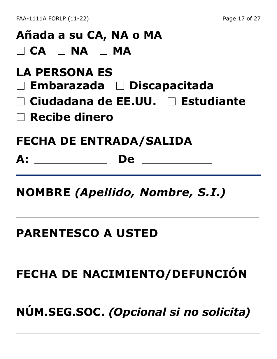 Formulario FAA-1111A-SLP Formulario Para Verificar La Declaracion Del Participante (Letra Grande) - Arizona (Spanish), Page 17