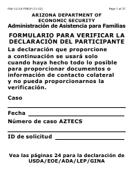 Formulario FAA-1111A-SLP Formulario Para Verificar La Declaracion Del Participante (Letra Grande) - Arizona (Spanish)