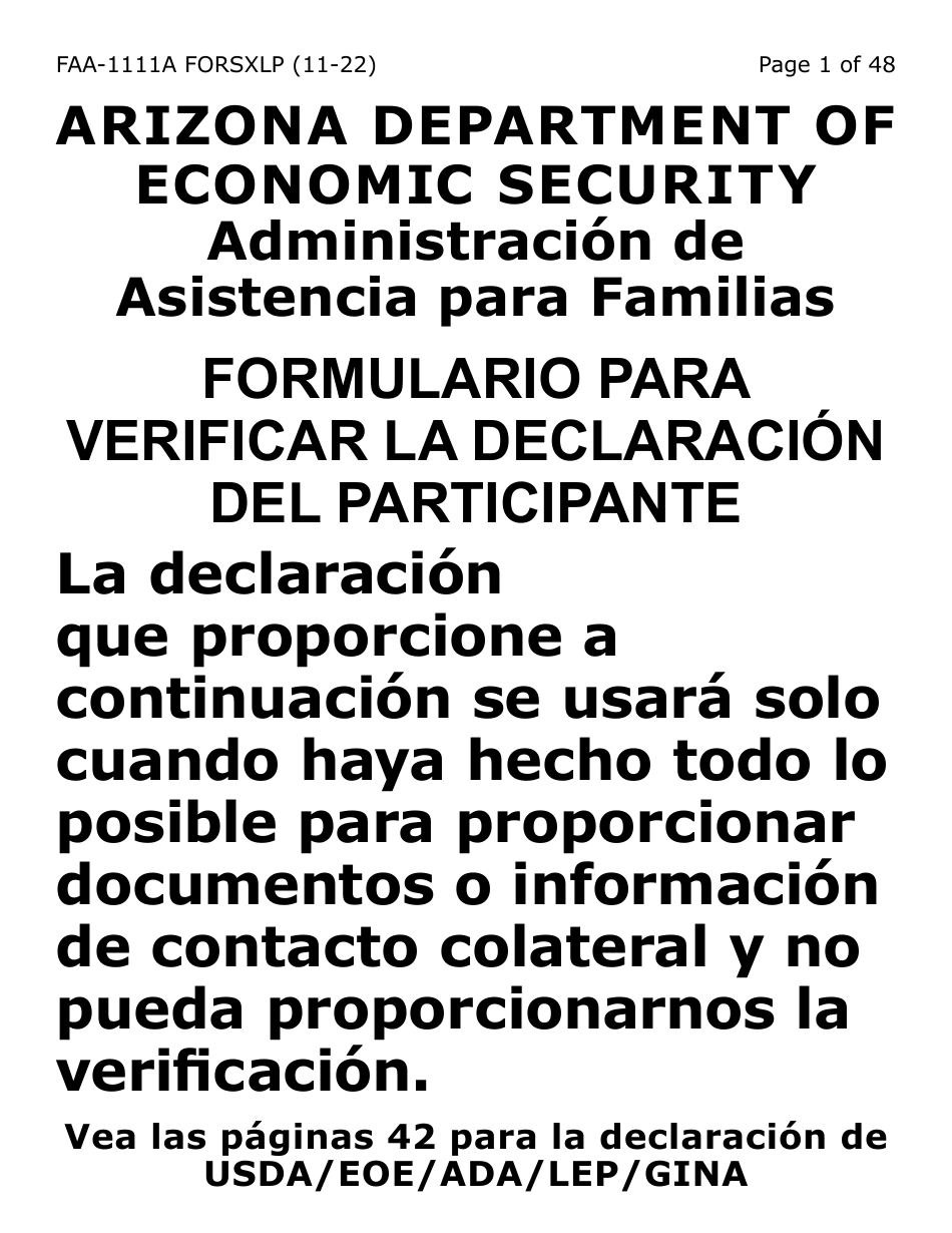 Formulario FAA-1111A-SXLP Formulario Para Verificar La Declaracion Del Participante (Letra Extra Grande) - Arizona (Spanish), Page 1