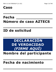 Formulario FAA-1111A-SXLP Formulario Para Verificar La Declaracion Del Participante (Letra Extra Grande) - Arizona (Spanish), Page 2