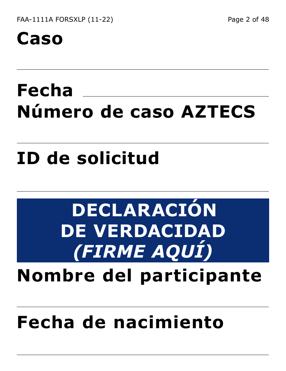 Formulario FAA-1111A-SXLP Formulario Para Verificar La Declaracion Del Participante (Letra Extra Grande) - Arizona (Spanish), Page 2