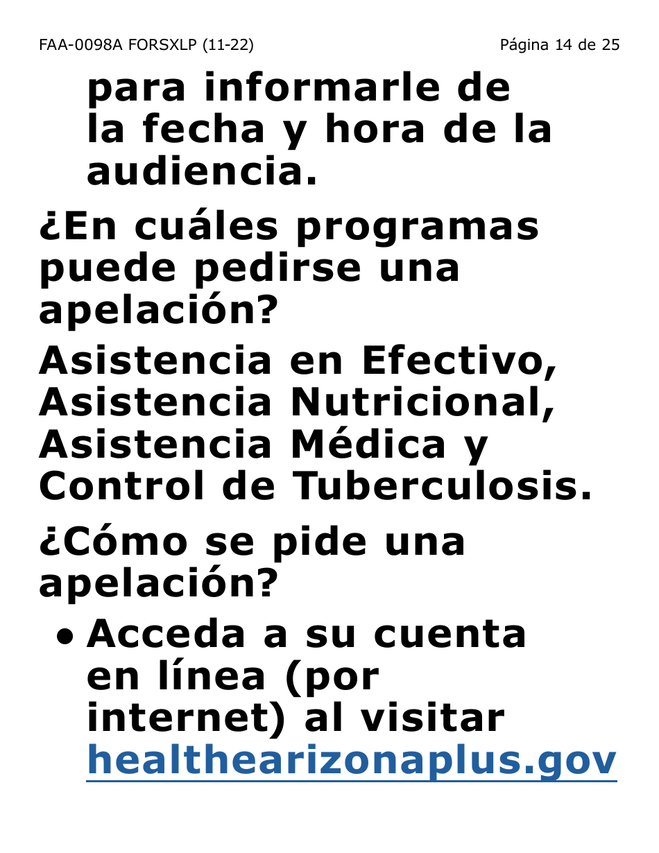 Formulario FAA-0098A-SXLP Solicitud De Apelacion (Letra Extra Grande) - Arizona (Spanish), Page 14