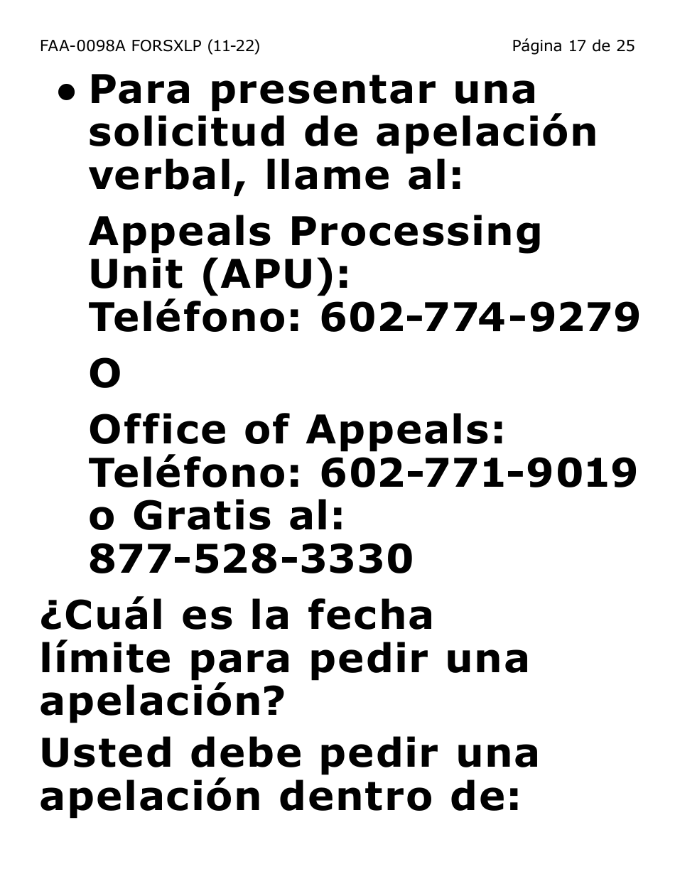 Formulario FAA-0098A-SXLP Solicitud De Apelacion (Letra Extra Grande) - Arizona (Spanish), Page 17