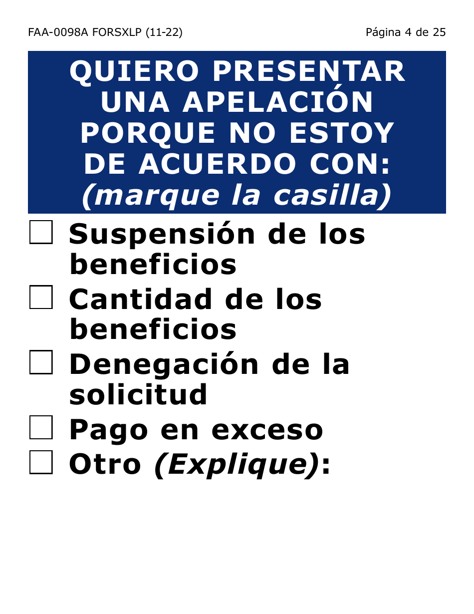 Formulario FAA-0098A-SXLP Solicitud De Apelacion (Letra Extra Grande) - Arizona (Spanish), Page 4