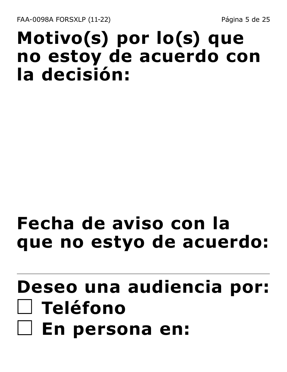 Formulario FAA-0098A-SXLP Solicitud De Apelacion (Letra Extra Grande) - Arizona (Spanish), Page 5