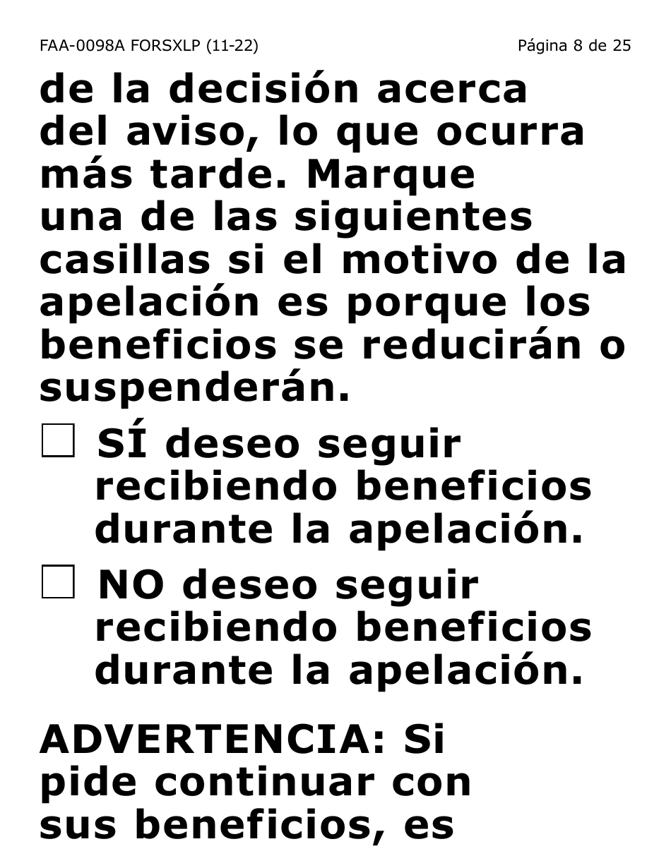 Formulario FAA-0098A-SXLP Solicitud De Apelacion (Letra Extra Grande) - Arizona (Spanish), Page 8